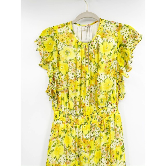 Shoshanna Candela Yellow Floral Print High-Low Ruffle Flutter Midi Dress Size 6 - Picture 4 of 7